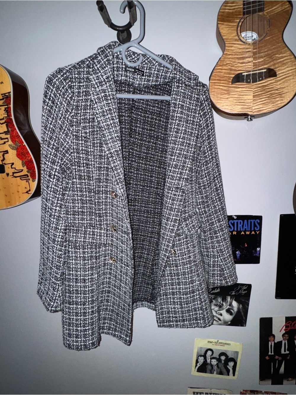 SHEIN Black & White Tweed Open-Front Blazer